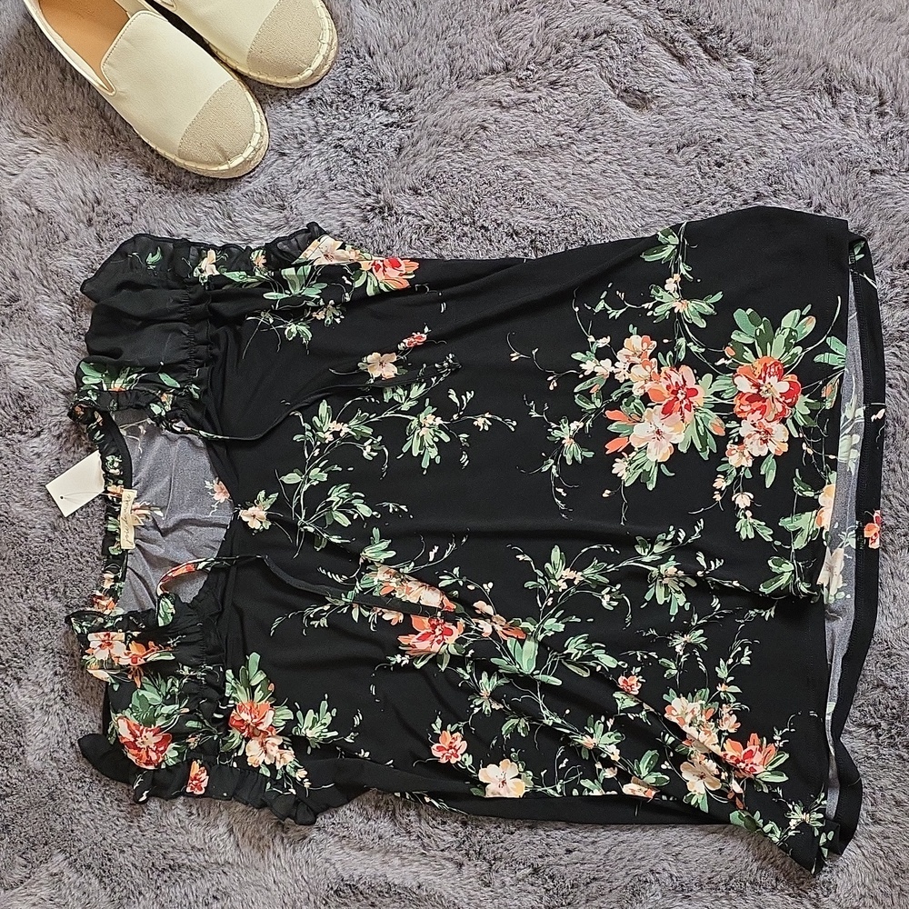 Joie de vivre Sz L Sleeveless Floral Mixed Media Ruffle Tie Front Blouse NWT